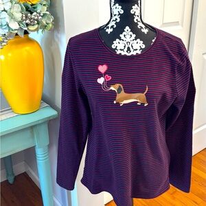 Talbots Dachshund Heart Balloon Top L Red & Blue Striped Long Sleeve Pullover